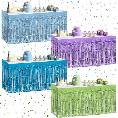 4 Pack Blue Lime Green Purple Series Table Skirts, 29x108" Metallic Foil Tinsel Fringe Table Skirt for Rectangle Tables Streamer Curtains Backdrop, Party Decorations for Birthdays, Weddings, Holidays