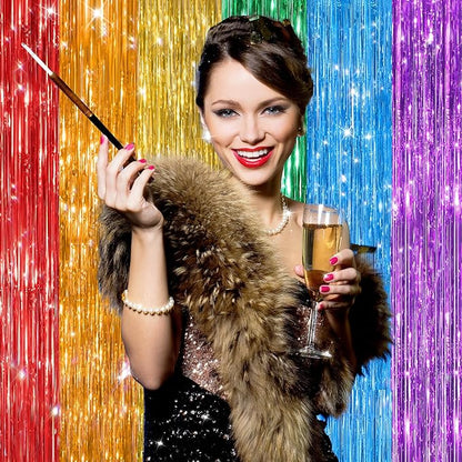 2Pack Rainbow Foil Fringe Curtains Backdrop Decorations, Rainbow Metallic Tinsel Foil Streamers Curtain Photo Booth Background for Birthday Wedding Engagement Bridal Shower Unicorn Party Decorations