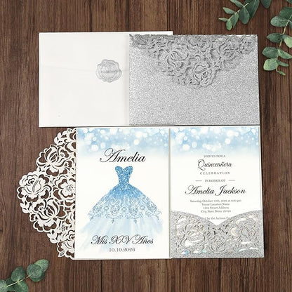 DORIS HOME 50pcs Laser Cut Quinceanera Invitation Pockets with Envelopes Silver Glitter, 5.12" x 7.12"Invitation Cards for Birthday, Miss 15, Sweet 16 (No Inserts Included)