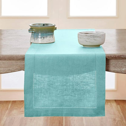 Solino Home Linen Aqua Blue Table Runner 60 Inches - Classic Hemstitch, 100% Pure Linen Coffee Table Runner 14 x 60 Inch Ideal for Dresser Tables
