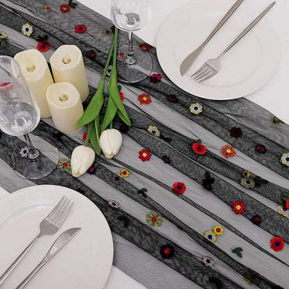 BINBE 3pcs Black Daisy Fall Table Runner Embroidery Gauze 10FT Florals Seasonal Tulle Holiday Birthday Kitchen Dining Table Decor for Home Party