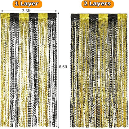 4 Pack Black and Gold Wavy Foil Fringe Curtains Pirthday Decorations,3.3 ft x 6.6 ft Metallic Foil Curtains Streamers for Party Photo Booth Props Background Decoration