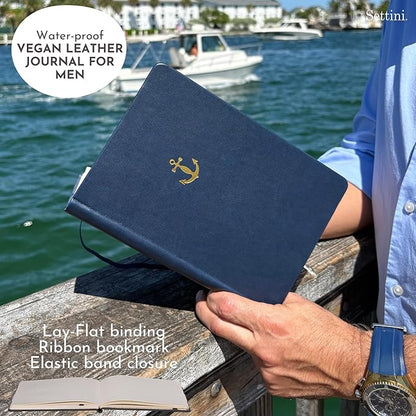 SETTINI Lined Journal, Ideal for Journaling - A5 Vegan Leather Notebook, 192 Archival-Quality Pages, QuillEase Bleed-Free Paper, Inner Pocket & Bookmark - US Navy Gifts, Navy Anchor