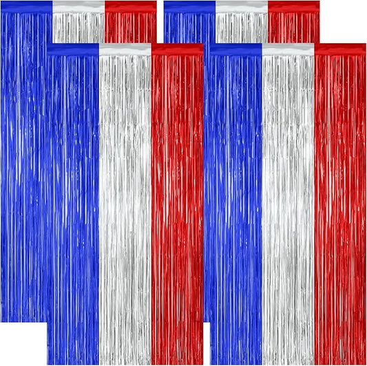 4 Pack 4th of July Decorations, 3.28 FT x 7.05 FT Independence Photo Backdrop, Metallic Blue Silver Red Backdrop Curtains Fringe Curtains Party Streamer, Patriotic Decor Fourth of July Party Supplies