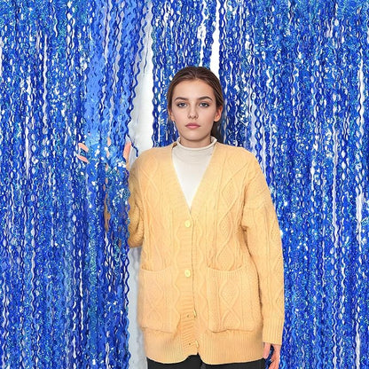 4 Pack 3.3 ft x 6.6 Wavy Sparkle Dark Blue Foil Fringe Backdrop Curtain - Navy Blue Streamer Backdrop Tinsel Curtains for Door Streamers Ocean Birthday Party Decorations Disco Party