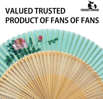 FANSOF.FANS Premium Floral Silk Fabric Border Handheld Folding Fan with Grade A Bamboo Ribs for Women Girls Event Birthday Wedding Favour with Tassel (Single Flower Border - Turqoise)
