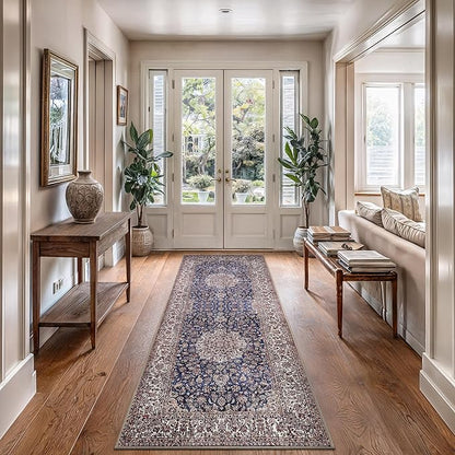 Bloom Rugs Washable Non-Slip 10 ft Runner - Dark Blue/Beige Traditional Medallion Runner for Entryway, Hallway, Bathroom, and Kitchen - Exact Size: 2.5' x 10'