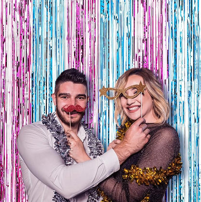 2 Pack 3.3x8.2 Feet Blue and Pink Foil Fringe Backdrop Curtains, Tinsel Streamers Birthday Party Decorations, Fringe Backdrop for Graduation, Baby Shower, Gender Reveal, Disco Party