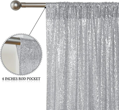 Sugargirl Silver Sequin Backdrop Curtain 2FTx8FT Glitter Background Drapes Sparkle Photography Backdrop for Party Wedding Birthday Wall Decor（2 Panels,Silver