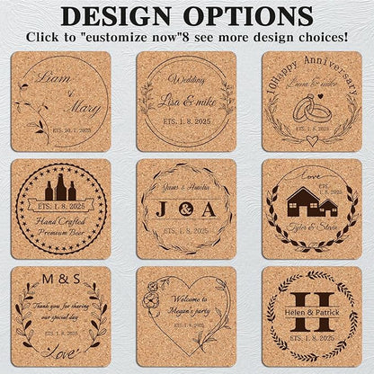 Custom Coasters Personalized Cork Coasters Bulk with Logo Wedding Personalized Cork Natural Wood Engraved Drink for Wedding Favors (Cork Coasters - Square)
