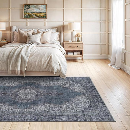 Bloom Rugs Washable Non-Slip 6' x 9' Rug - Dark Teal Traditional Medallion Area Rug for Living Room, Bedroom, Dining Room, and Kitchen - Exact Size: 6' x 9'