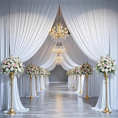 PartyVillage 50ft×15ft White Backdrop Curtain for Wedding Parties, 10 Panels Wrinkle Free 15 FT Long Polyester Photo Backdrop Drapes Back Drop Cloth for Birthday Photography Background