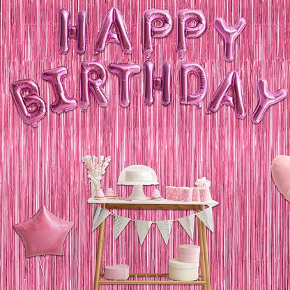 4 Pack Birthday Decorations, 3.28 FT x 7.05 FT Pink Backdrop, Metallic Happy Birthday Backdrop Fringe Curtains Party Streamer, Bachelorette Party Decorations Princes Birthday Party Decor