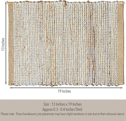 Chardin Home Natural Jute & Sky Blue-White Placemats, Set of 4 – Rustic Handmade Boho Table Mats, 13x19 in Dining Table Placemats - Kitchen, Everyday Meals, Holidays, Farmhouse or Modern Table Décor