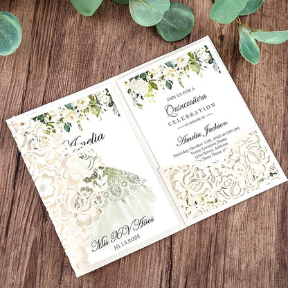DORIS HOME 50pcs Laser Cut Quinceanera Invitations Green and Ivory White, 4.7x7.1 Personalized Quince Invitations for 15th Birthday, Invitation cards for Sweet 16 with Envelopes