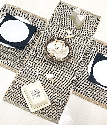 Chardin home Natural Jute Table Runner 13x48 Inch – Vintage Boho Rustic Table Decor – Handwoven Table Runner in Natural Jute and Black – Farmhouse Dining or Console Table Accent