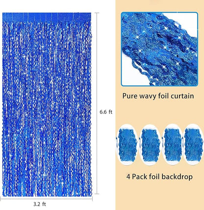 4 Pack Navy Blue Wavy Foil Fringe Curtains Party Decorations - 3.3 ft x 6.6 ft Streamer Tinsel Curtain Party Photo Backdrops for Birthday Party