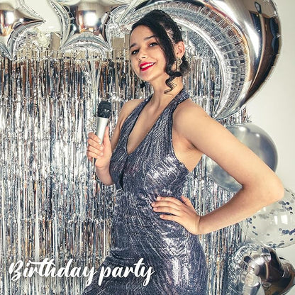24 Pack Silver Metallic Foil Fringe Curtains, 3.2ft x 8.2ft Foil Fringe Curtain Backdrop Foil Streamers Party Supplies Tinsel Curtain Backdrop for Parties/Birthday/Halloween/Photo Booth