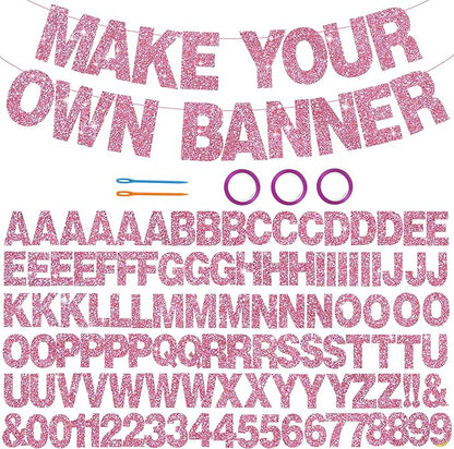 BEISHIDA 116 PCS A-Z Glitter Pink DIY Letter Banner Kit Make Your Own Banner，Including 111 Letters and Numbers 3 Rope and 2 Threading Device,Customized for Birthday Graduation Wedding Party Decor