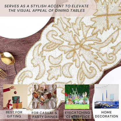 Beaded Table Runner 13 x 36 Inches - Elegant Dining Table Centerpiece with Glass Beads & Polyester Back, Handmade Decorative Runner for Weddings, Parties & Holiday Décor (White & Gold) - CLEENTABLE