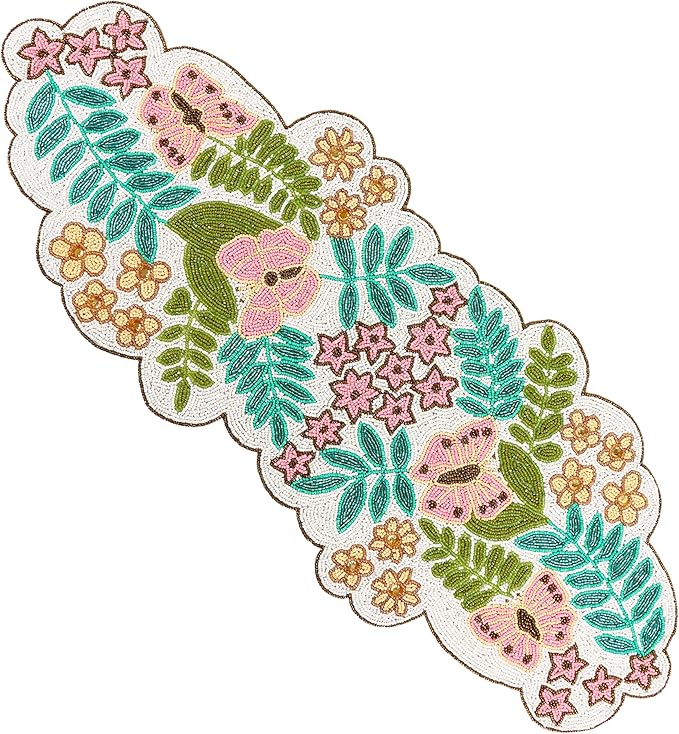 Handmade Beaded Table Runner -35 Inch Spring Floral Runner with Butterflies, Pink Flowers, and Green Leaves -Pastel Table Decor for Easter, Dining Room, Entryway, or Garden Party (Multi) - CLEENTABLE