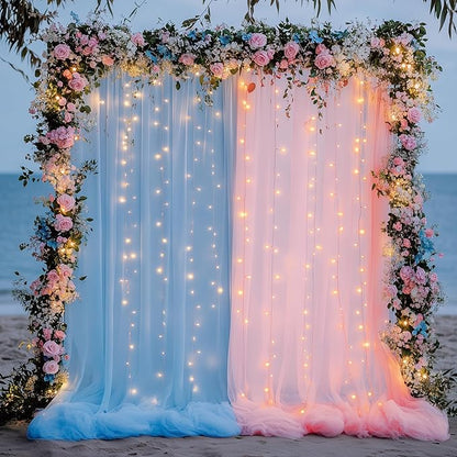 Fomcet Tulle Curtains with Lights String Pink and Blue 10FT X 10FT Sheer Backdrop Curtains for Parties Wedding Baby Shower Photo Shoot Decorations (2 Panels 5 x 10FT)