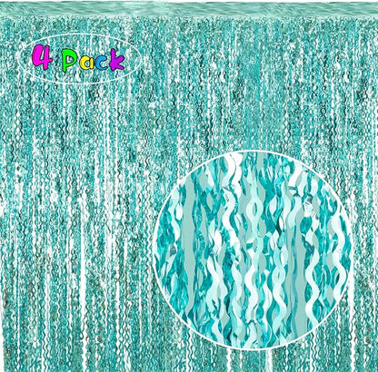 4 Pack 3.3 ft x 6.6 ft Wavy Aqua Teal Blue Tinsel Foil Fringe Curtains Backdrop - Wave Metallic Foil Curtains for Wedding Girl Princess Bachelorette Euphoria Theme Party Decoration
