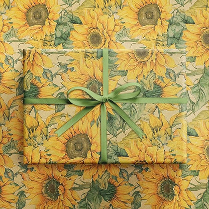 RUSPEPA Sunflower Wrapping Paper Roll for Women Girls, Mini Roll, Watercolor Sunflower Design, Fall Floral Kraft Gift Wrp Paper for Birthday, Thanksgiving, Autumn Gifts, 17 Inches x 16.4 Feet