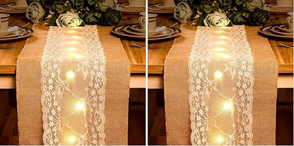 Burlap Table Runner with LED String Lights Rustic 12" x 108" Christmas Tablecloth Lighted Table Runner Farmhouse Decor for Wedding Bridal Shower Xmas Holiday (Pack of 2)