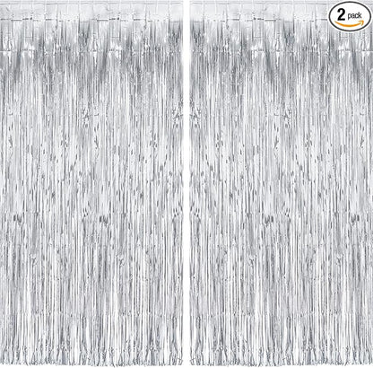 Silver Streamers Metallic Party Backdrop - GREATRIL Foil Fringe Tinsel Curtain for 2026 NYE/Birthdays/Prom/New Years/Graduations/Photo Booth, 8.2ft x 3.2ft - Pack of 2