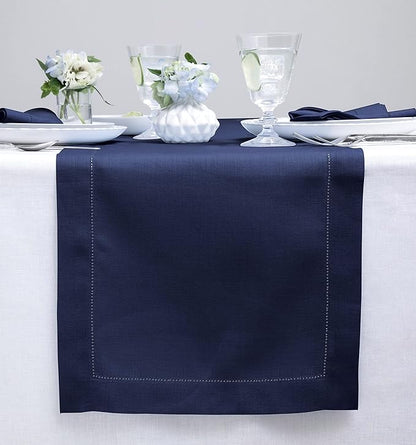 Solino Home Linen Navy Blue Table Runner 48 Inches - Classic Hemstitch, 100% Pure Linen Coffee Table Runner 14 x 48 Inch Ideal for Dresser Tables - Fall, Halloween, Thanksgiving, Christmas, Holiday