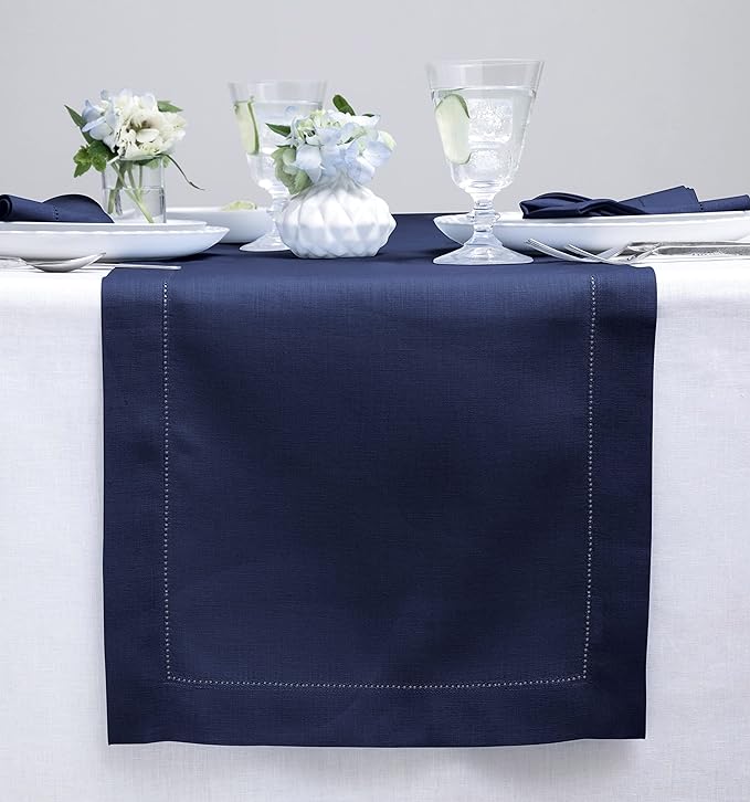 Solino Home Linen Navy Blue Table Runner 72 Inches Long - 100% Pure Linen Hemstitch Table Runner 14 x 72 Inch for Dresser, Dining, Fall, Autumn, Halloween, Thanksgiving, Christmas - Classic Hemstitch