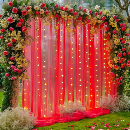 20×10ft Red Tulle Backdrop Curtain with Lights for Parties, Sheer Photo Backdrop Curtains for Wedding Party Photography Background