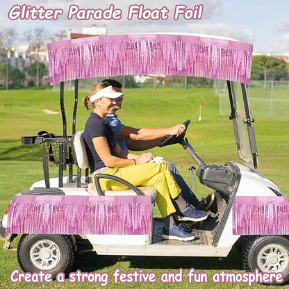 4 Pcak Each 10 Feet Glitter Pink Parade Float Decorations for Trailer Car, Glitter Foil Fringe Metallic Tinsel Streamers Banner Garland for Graduation Weeding Homecoming Birthday Party (Glitter-Pink)