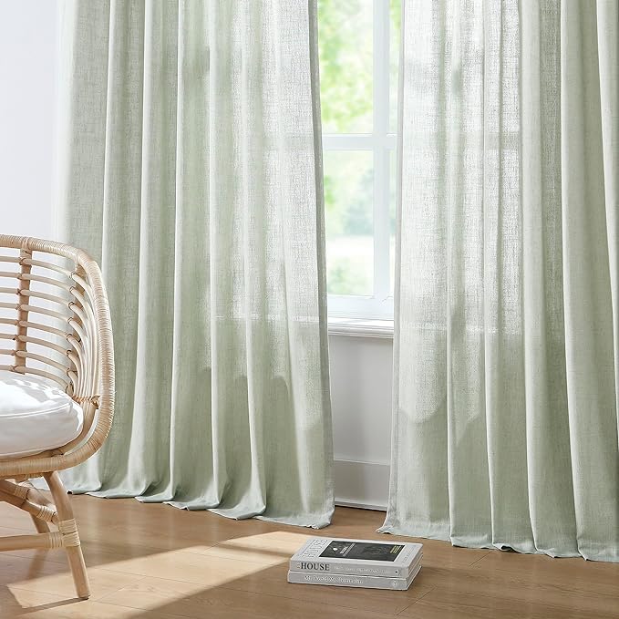 Vision Home Soft Green Pinch Pleated Semi Sheer Curtains Textured Linen Blended Light Filtering Window Curtains 72 inch for Living Room Bedroom Patio Pinch Pleat Drapes with Hooks 1 Panel 60" Wx72 L