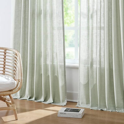 Vision Home Soft Green Pinch Pleated Semi Sheer Curtains Textured Linen Blended Light Filtering Window Curtains 102 inch for Living Room Bedroom Pinch Pleat Drapes with Hooks 2 Panels 40" Wx102 L