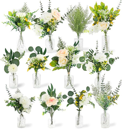 114Pcs Artificial Flowers in Vases Set, Fake Flower Greenery Stem Bulk Sets with 12Pcs Glass Bud Vases, Artificial Plants & Flowers for Wedding Centerpiece Table Decorations