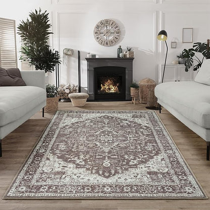 Bloom Rugs Washable Non-Slip 5' x 7' Rug - Dark Brown Traditional Medallion Area Rug for Living Room, Bedroom, Dining Room, and Kitchen - Exact Size: 5' x 7'