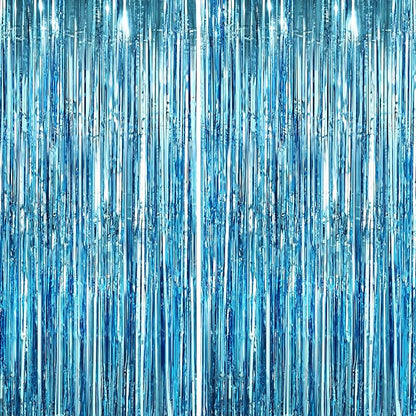GCB 2Pack Blue Metallic Tinsel Foil Fringe Curtains, Blue Door Streamers Photo Booth Backdrop for Birthday Party, Tinsel Curtain Backdrop for Baby Shower Bachelorette Xmas Party Decorations