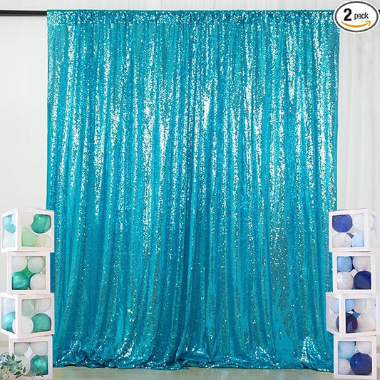 ShinyBeauty Turquoise Sequin Backdrop Curtain | 2 Panels 5Ft x 10Ft Glitter Wedding & Photography Background | Shimmer Curtains | Payette Sequin Aqua Blue Fabric Backdrop