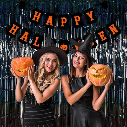 Foil Fringe Curtains Halloween Decor Indoor Party Decorations - Melsan 3 Pack 3.2 x 8.2 ft Black Tinsel Curtain Photo Backdrop for Birthday Decorations Retirement Party Decorations Black