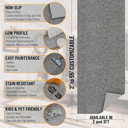 Ottomanson 2' x 11' Ultra-Thin Hallway Runner Rug - Durable Non-Slip Carpet for High-Traffic Areas - Fits Under Doors for Seamless Entry - Ideal for Kitchen, Entryway, Bedroom & Living Room, Gray