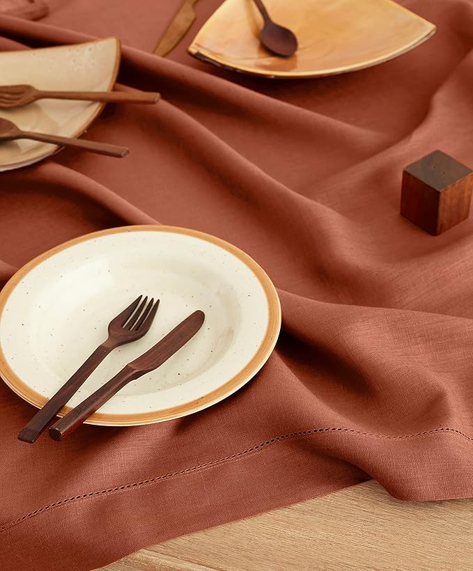 Solino Home Linen Tablecloth 60 x 156 Inch - Classic Hemstitch 100% Pure Linen Cinnamon Table Cloth for Rectangle Tables - Machine Washable Tablecloth for Fall, Autumn, Halloween, Thanksgiving