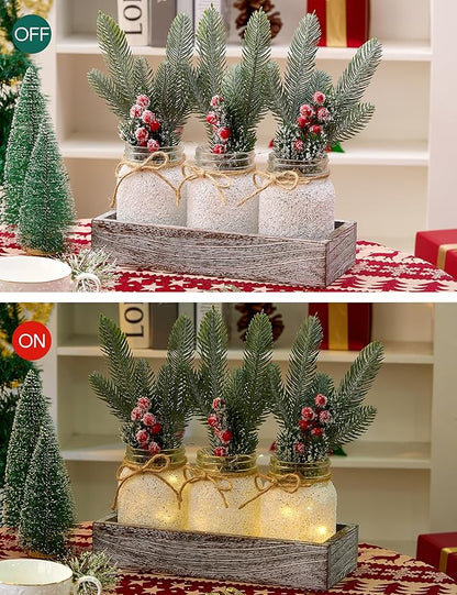 Christmas Centerpieces for Tables, Table Decor with Mason Jar, Flowers Picks, Farmhouse Wood Tray, Christmas Winter Table Decorations Centerpieces, Xmas Holiday, Kitchen, Room, Dining Decor