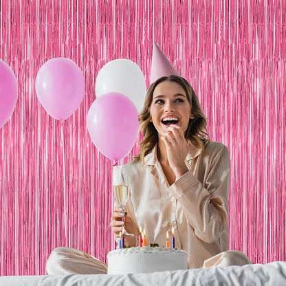 2 Pack Pink Party Decorations, 3.28 FT x 7.05 FT Pink Backdrop, Metallic Tinsel Backdrop Fringe Curtains Backdrop Curtains, Photo Backdrop Party Supplies Birthday Party Decorations