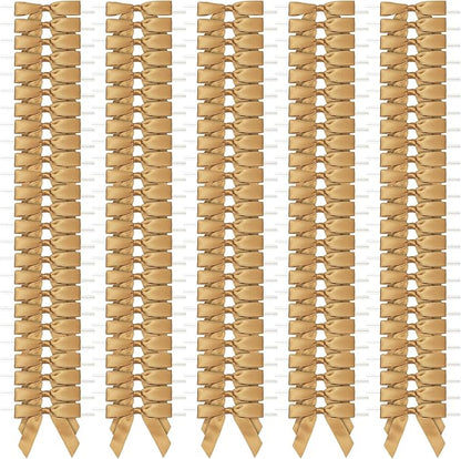 Juvale Satin Twist Tie Bows - Gold Twist Tie Bow Accents - Mini Ribbons for Crafts & Treat Bag Decor - 100 Pack, 3 x 2.5 in, 5.7 in Bands