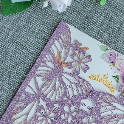 20 PCS 5.12x7.2 Butterfly Quinceanera Invitation, Laser Cut Wedding Invitation Cards with Envelopes for XV Anos Bridal Shower Baby Shower Invite (Purple Glitter)