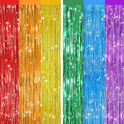 2Pack Rainbow Foil Fringe Curtains Backdrop Decorations, Rainbow Metallic Tinsel Foil Streamers Curtain Photo Booth Background for Birthday Wedding Engagement Bridal Shower Unicorn Party Decorations