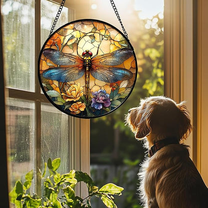 Stained Glass Window Hanging - Orange Blue Dragonfly Flower Suncatcher for Doors Window Home Sun Catchers Decor Christmas Mother's Day Birthday Outdoor Gifts for Women Men Mom Nana 6.3 in