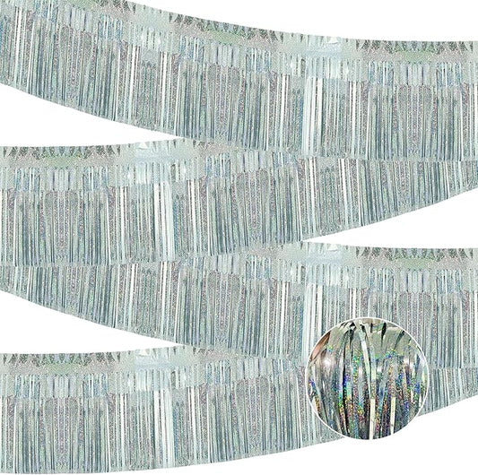 4 Pack Each 10 Feet Glitter Silver Parade Float Decorations for Trailer Car, Glitter Foil Fringe Metallic Tinsel Streamers Banner Garland for Graduation Weeding Homecoming Birthday(Glitter-Silver)